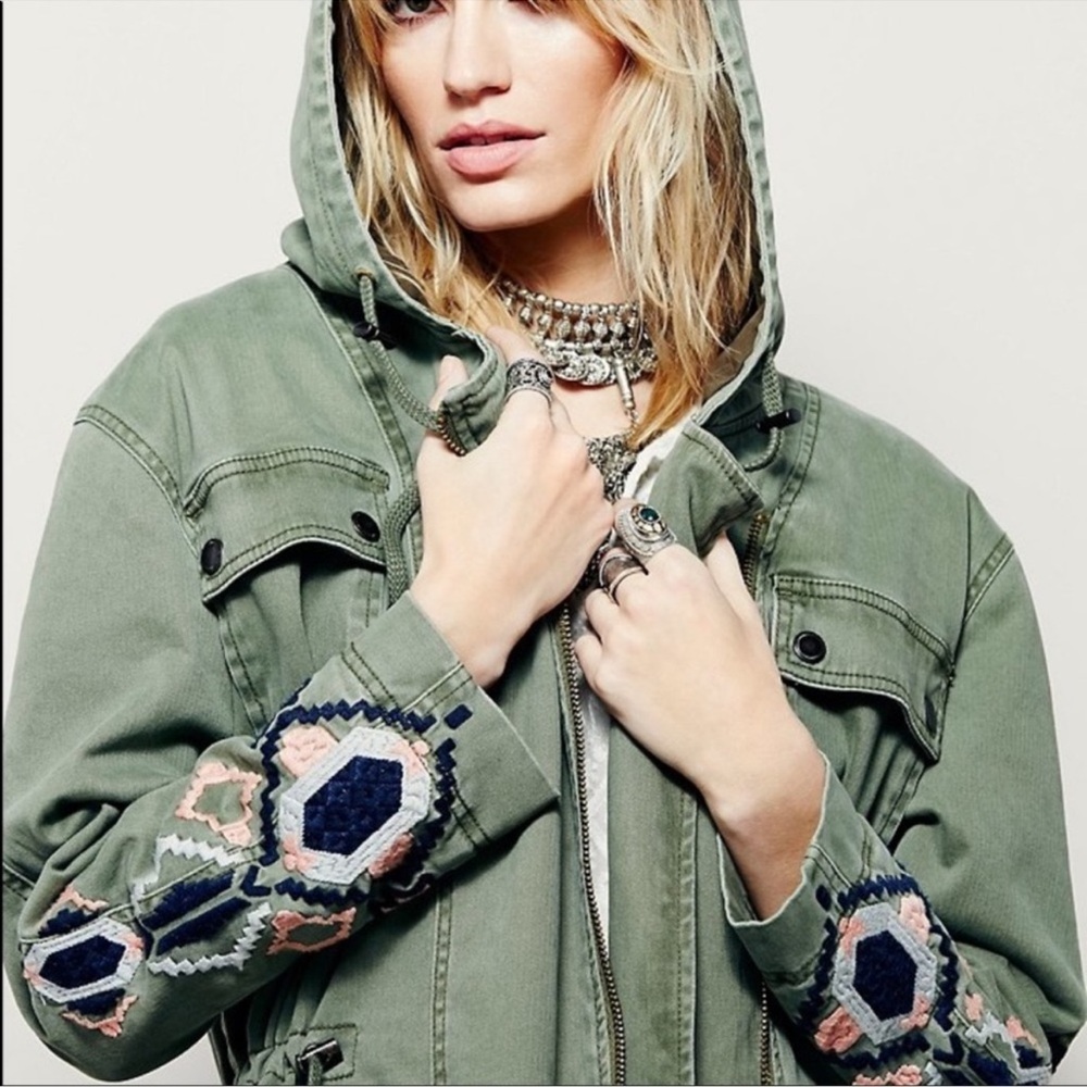 Free People Women's Green Embroidered Jacket